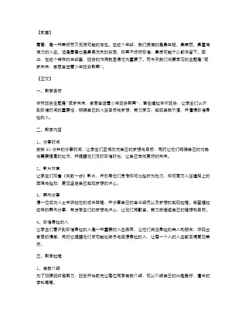 筑梦未来,感恩奋进青少年班会教案