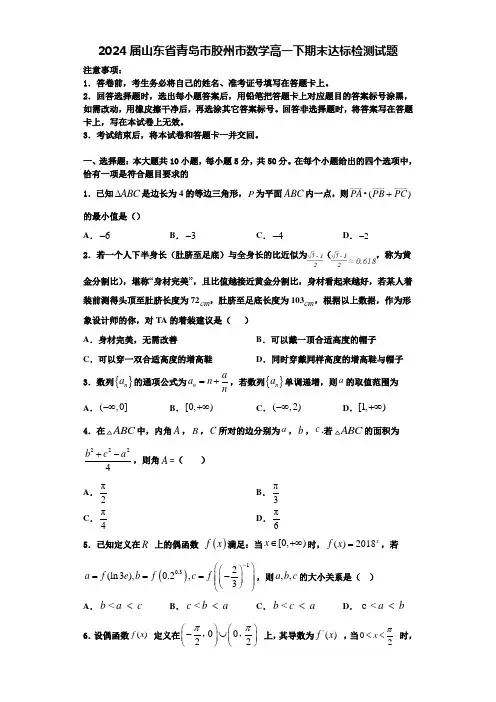 2024届山东省青岛市胶州市数学高一下期末达标检测试题含解析