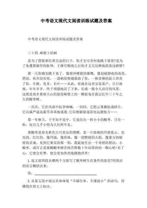 中考语文现代文阅读训练试题及答案