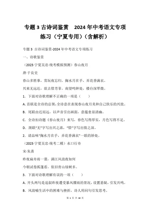 专题3古诗词鉴赏  2024年中考语文专项练习(宁夏专用)(含解析)