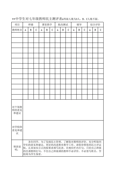 初中学生对教师民主测评表