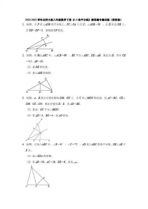 2022-2023学年北师大版八年级数学下册《1-4角平分线》解答题专题训练(附答案)