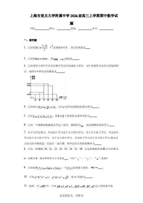 上海市复旦大学附属中学2024届高三上学期期中数学试题