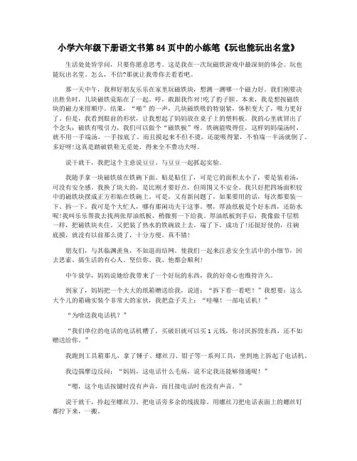 小学六年级下册语文书第84页中的小练笔《玩也能玩出名堂》