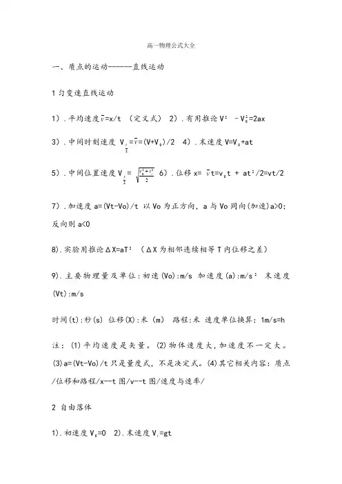 高一物理必修一公式大全