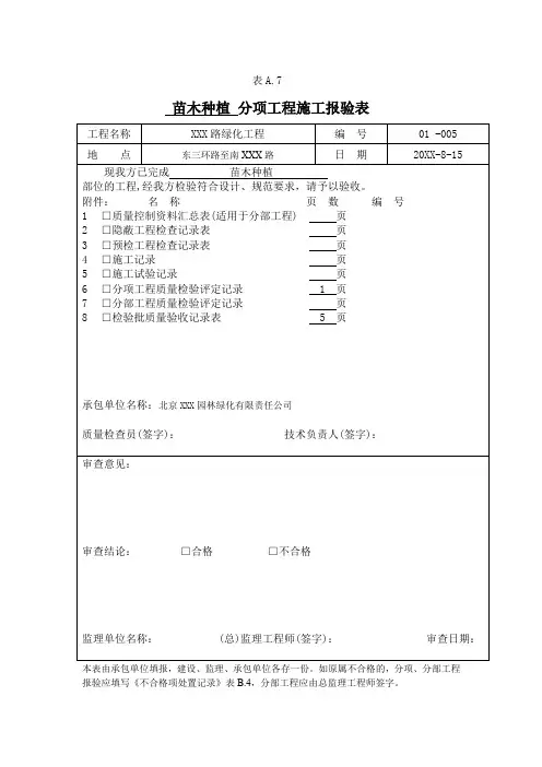园林绿化工程苗木种植分项工程施工报验表(示范文本)