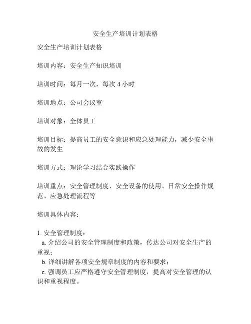 安全生产培训计划表格