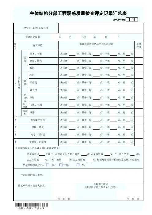 7.3.4.2 主体结构分部工程观感质量检查评定记录汇总表