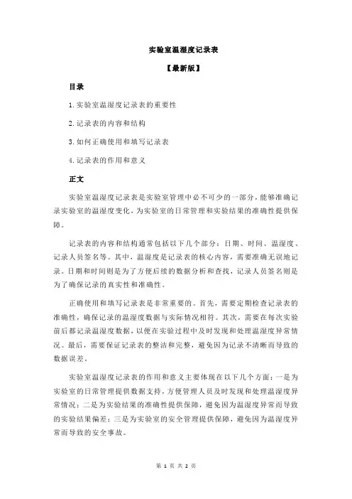 实验室温湿度记录表