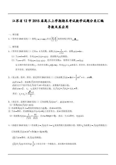 江苏省12市2015届高三上学期期末考试数学试题分类汇编：导数及其应用