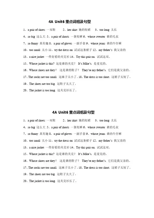 牛津小学英语四年级上册4A Unit6重点词组及句型