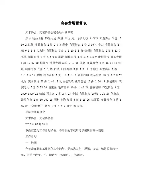 晚会费用预算表