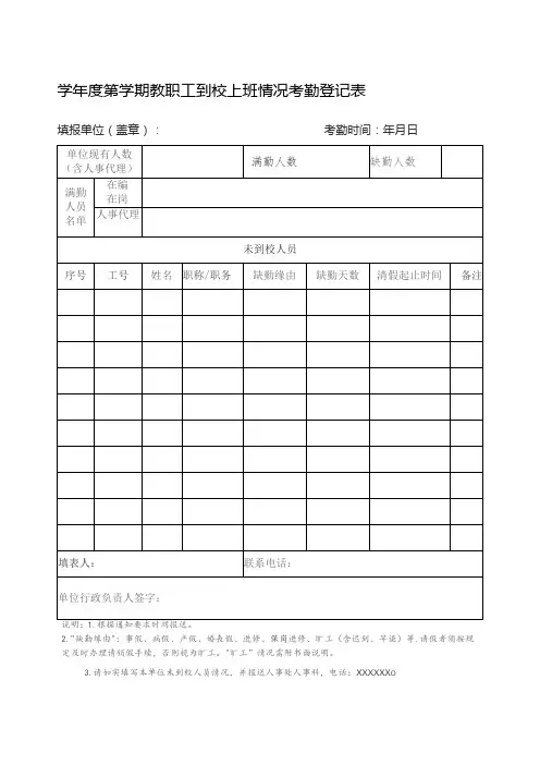 大学教职工到校情况考勤登记表
