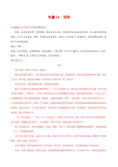 专题14 写作-2020年中考语文真题分专题训练(全国通用)(教师版含解析)