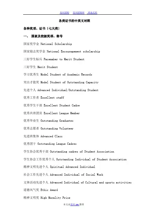 各类证书的中英文对照