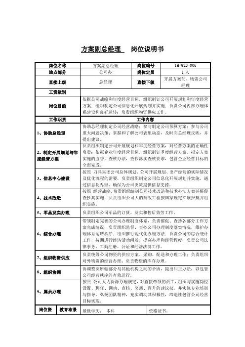 计划副总经理岗位说明书