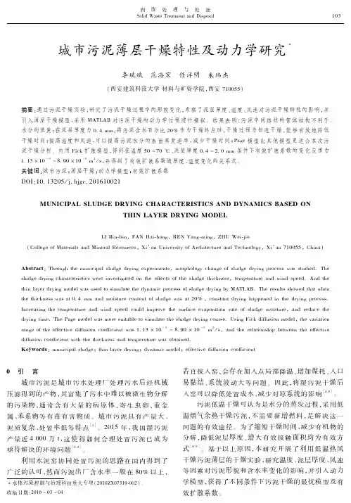 城市污泥薄层干燥特性及动力学研究