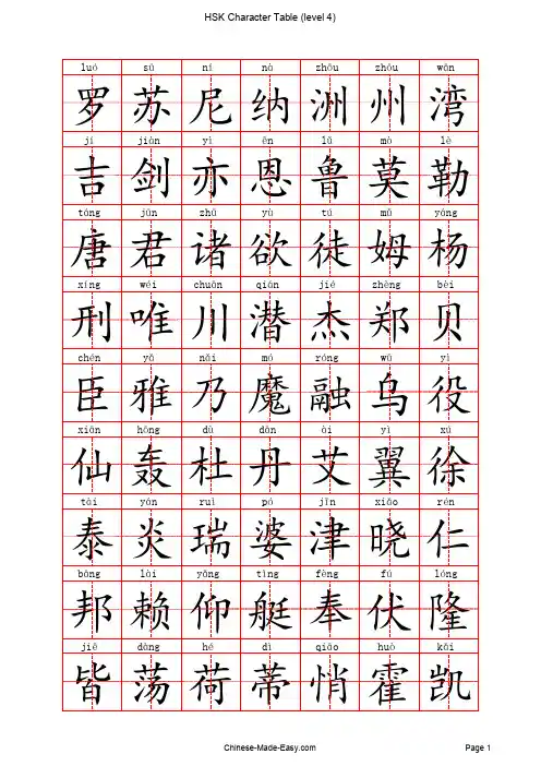 HSK四级水平汉字表