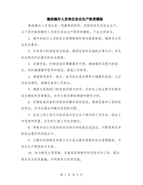 集控操作人员岗位安全生产职责模版