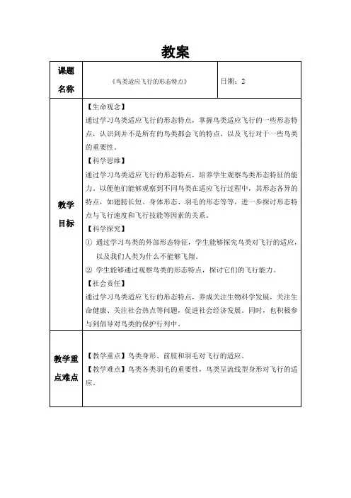 鸟鸟适应飞行的形态特点教案人教版生物八年级上册