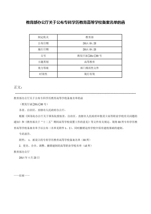 教育部办公厅关于公布专科学历教育高等学校备案名单的函-教发厅函[2014]50号