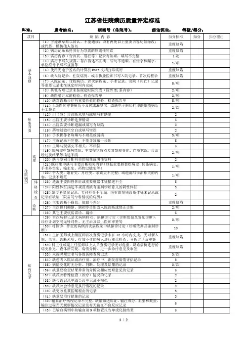 江苏省住院病历质量评定标准