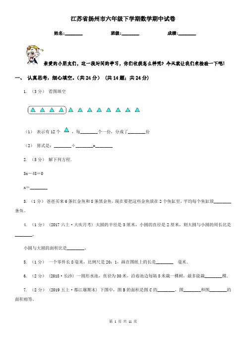 江苏省扬州市六年级下学期数学期中试卷