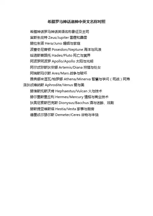 希腊罗马神话诸神中英文名称对照