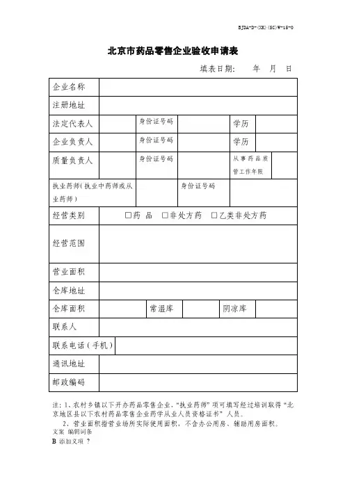 北京市药品零售企业验收申请表