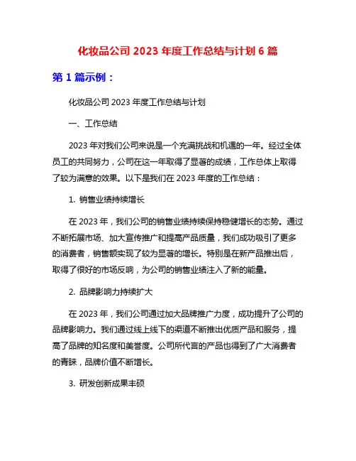 化妆品公司2023年度工作总结与计划6篇