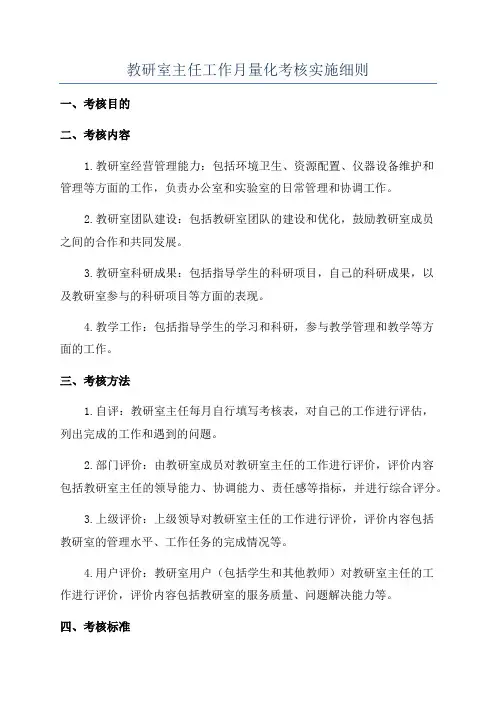 教研室主任工作月量化考核实施细则