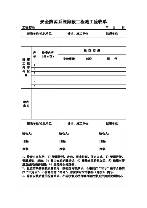安全防范系统隐蔽工程随工验收单