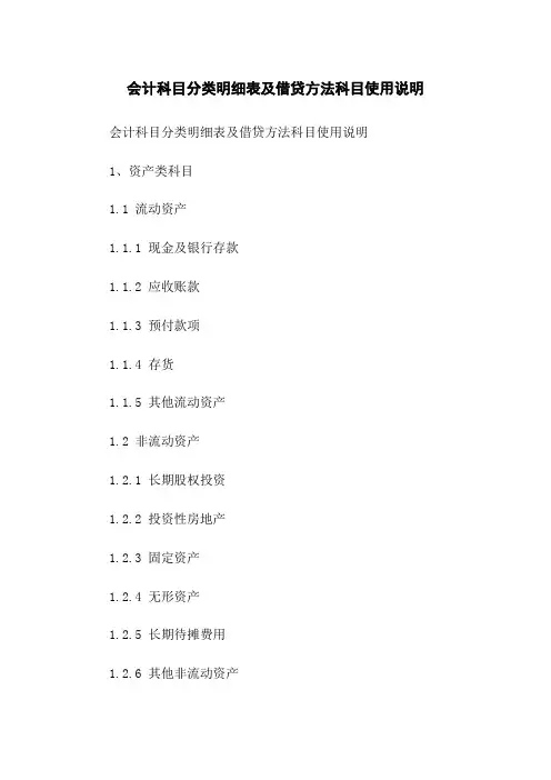 会计科目分类明细表及借贷方法科目使用说明