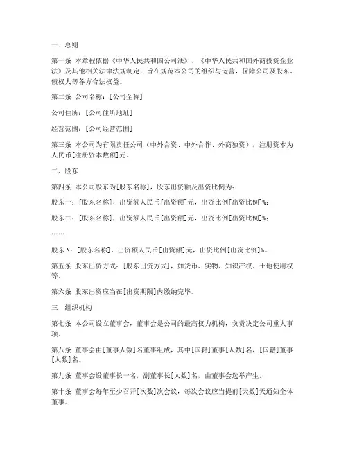 外资企业设立章程模板