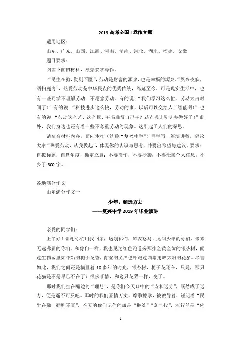 2019高考全国I卷满分作文