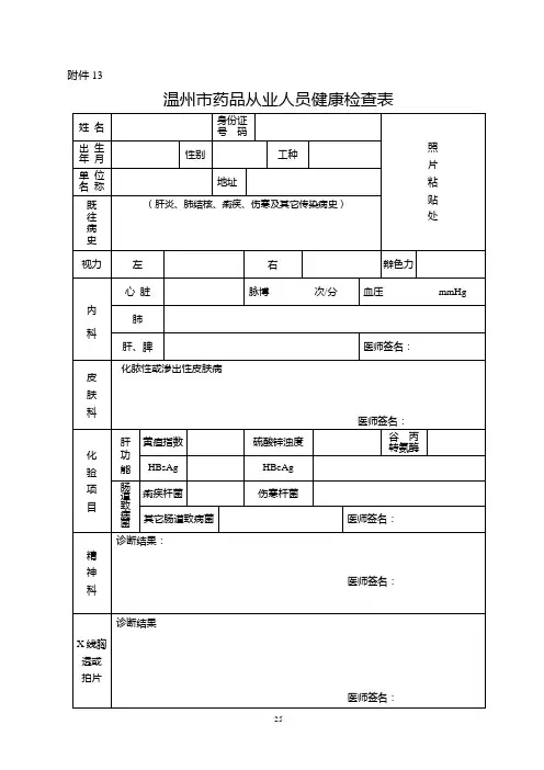 温州市药品从业人员健康检查表