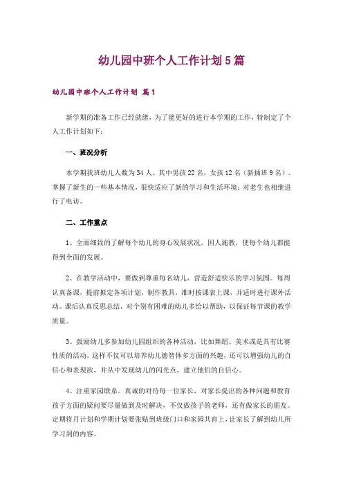 幼儿园中班个人工作计划5篇