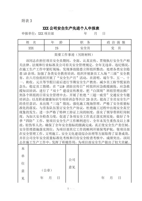 安全生产先进个人申报