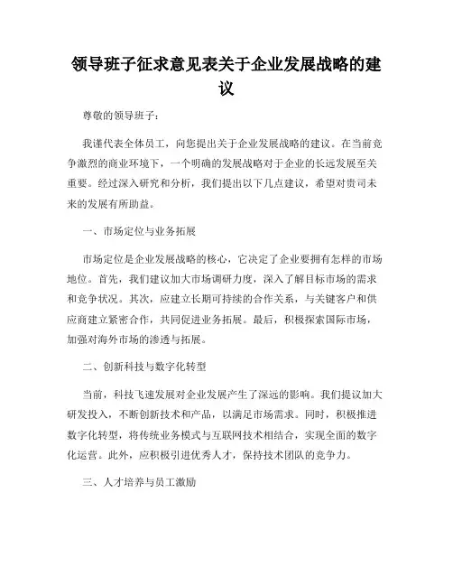 领导班子征求意见表关于企业发展战略的建议