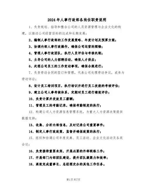 2024年人事行政部各岗位职责说明（6篇）