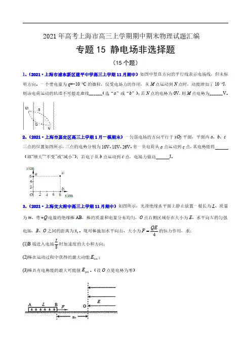 专题15 电场非选择题-2021年等级考上海市高三上学期期中期末(一模)物理试题汇编(详解版)