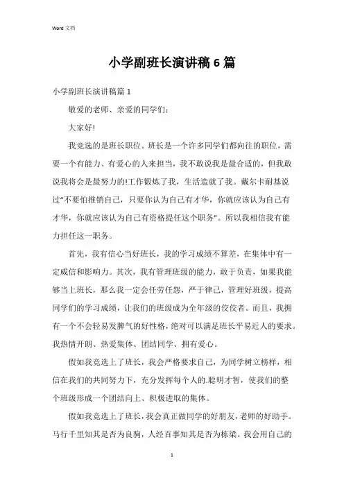 小学副班长演讲稿6篇