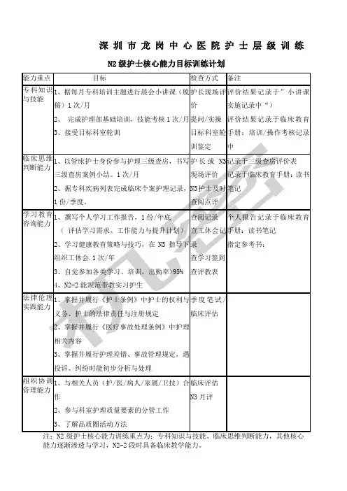NN级护士核心能力目标训练计划