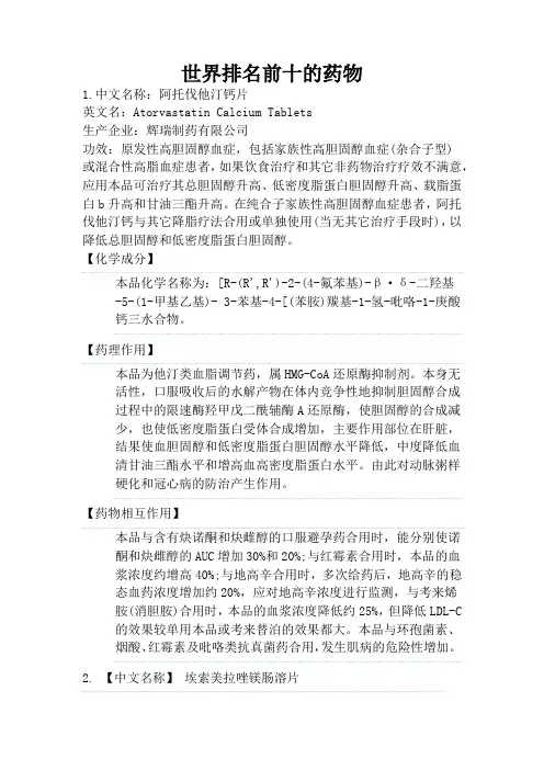 世界排名前十的药物