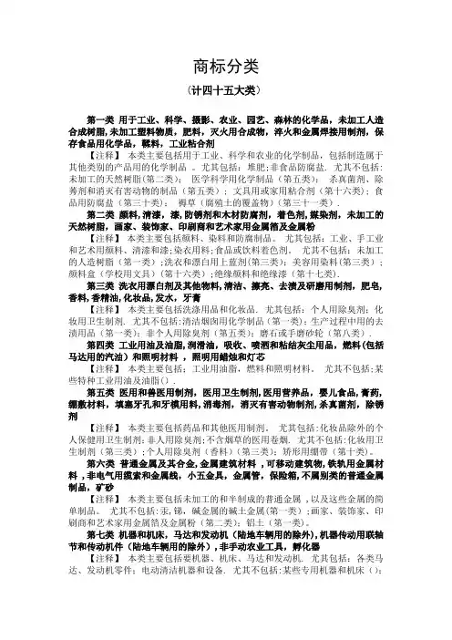 商标完整分类(计四十五大类及全部小项)