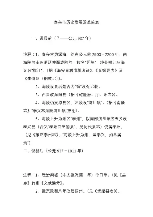 泰兴市历史发展沿革简表