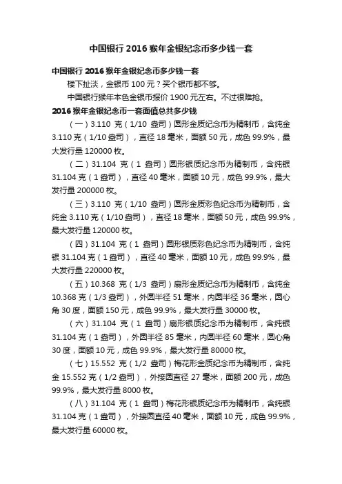 中国银行2016猴年金银纪念币多少钱一套