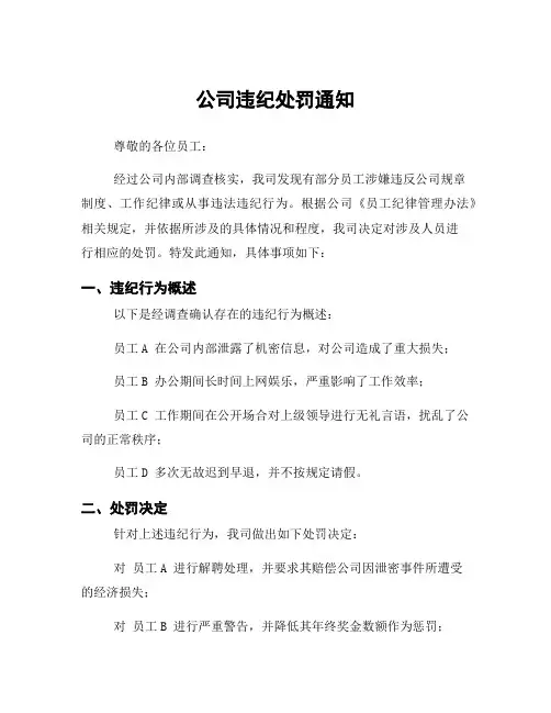 公司违纪处罚通知