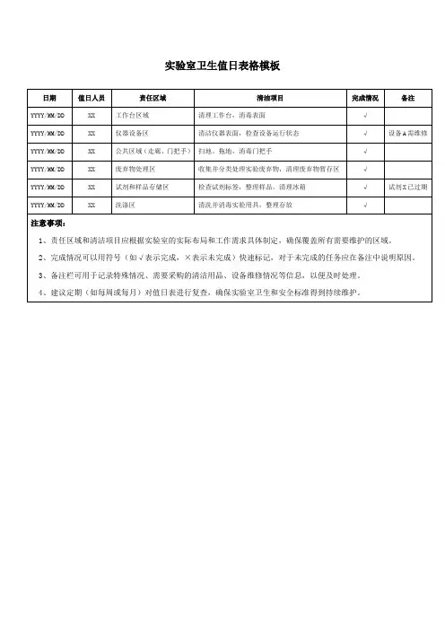 实验室卫生值日表格模板