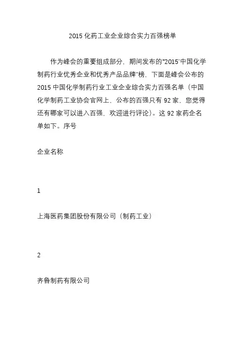 2015化药工业企业综合实力百强榜单